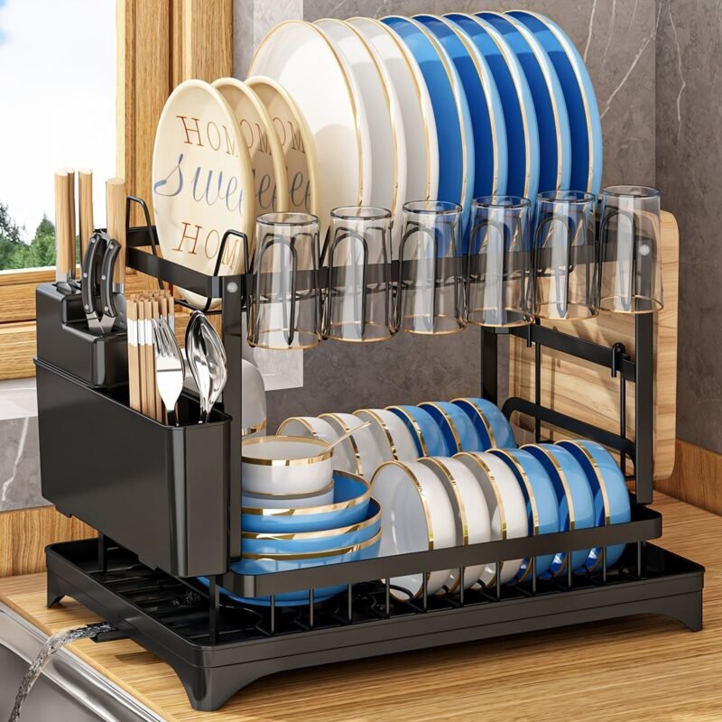1 Set Dish Rack. 2 Tier Dish Drying Rack. Rustproof Kitchen Dish Drying Rack With Drainboard And Utensil Holder For Kitchen Countertop. Kitchen Accessories